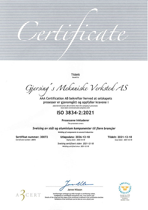             ISO 3834-2 sertifikat        